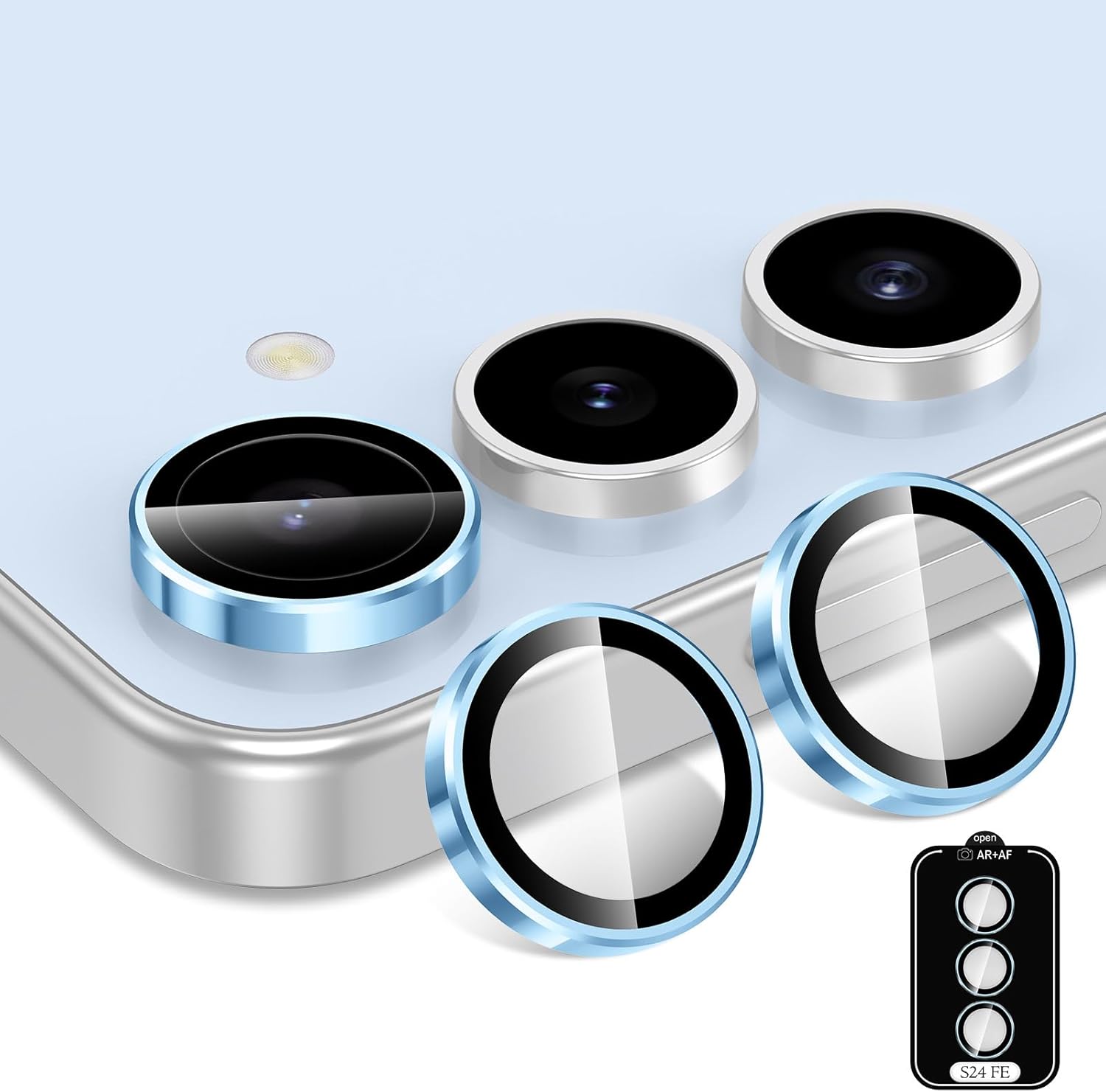 for Samsung Galaxy S24 FE Camera Lens Protector, Individual Metal Ring Tempered Glass Lens Cover, [Strong Adsorption] Scratch Resistant Ultra-Thin HD Clear Lens Cover, 1 Set-Blue Ring