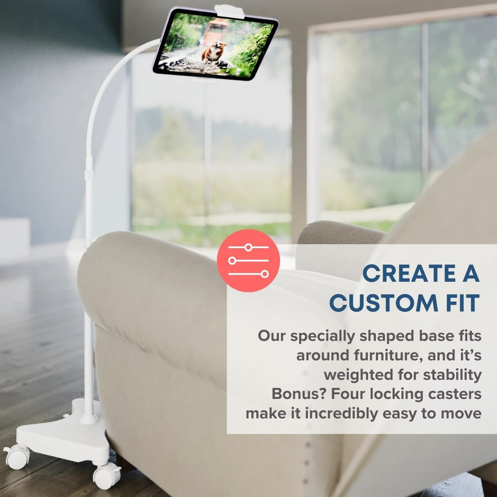 LEVO Adjustable Height Floor Stand on Wheels for Tablet & Phone - Gooseneck Holder Mount with Stable Base - Compatible with All Cell Phones & Tablets (4-13 inch) - White