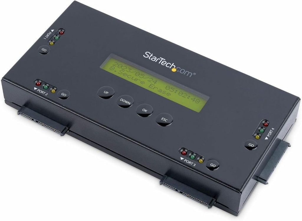 StarTech.com 4 Bay SSD/HDD Hard Drive Eraser, 2.5/3.5" SATA, Hostless Standalone Secure Erase, Disk Sanitizer, Hardware Wiper Erasing Tool, 9 Modes, RS232 Printer Port, NIST/DOD, LCD, TAA (SATERASER4)