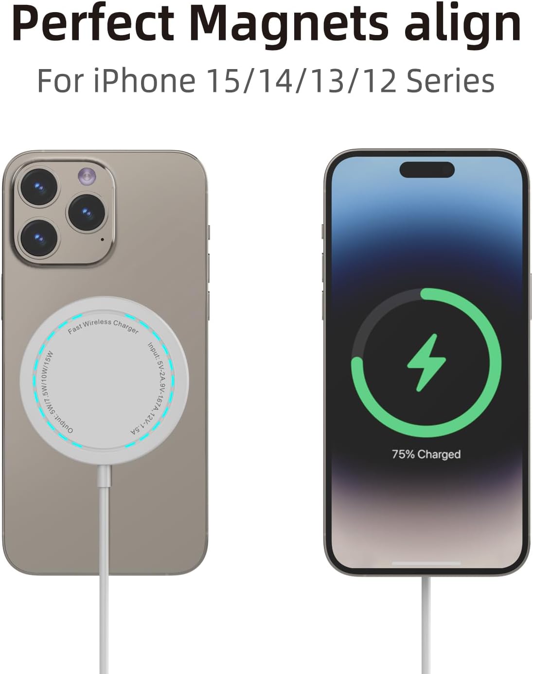 Magnetic Wireless Charger for iPhone 15W Wireless Charger Fast Mag Safe Wireless Charging Stand Pad Compatible for iPhone 16/16 Pro/Pro Max/15/14/13/12/Pro with Wall Charger for USB-A Converter, White