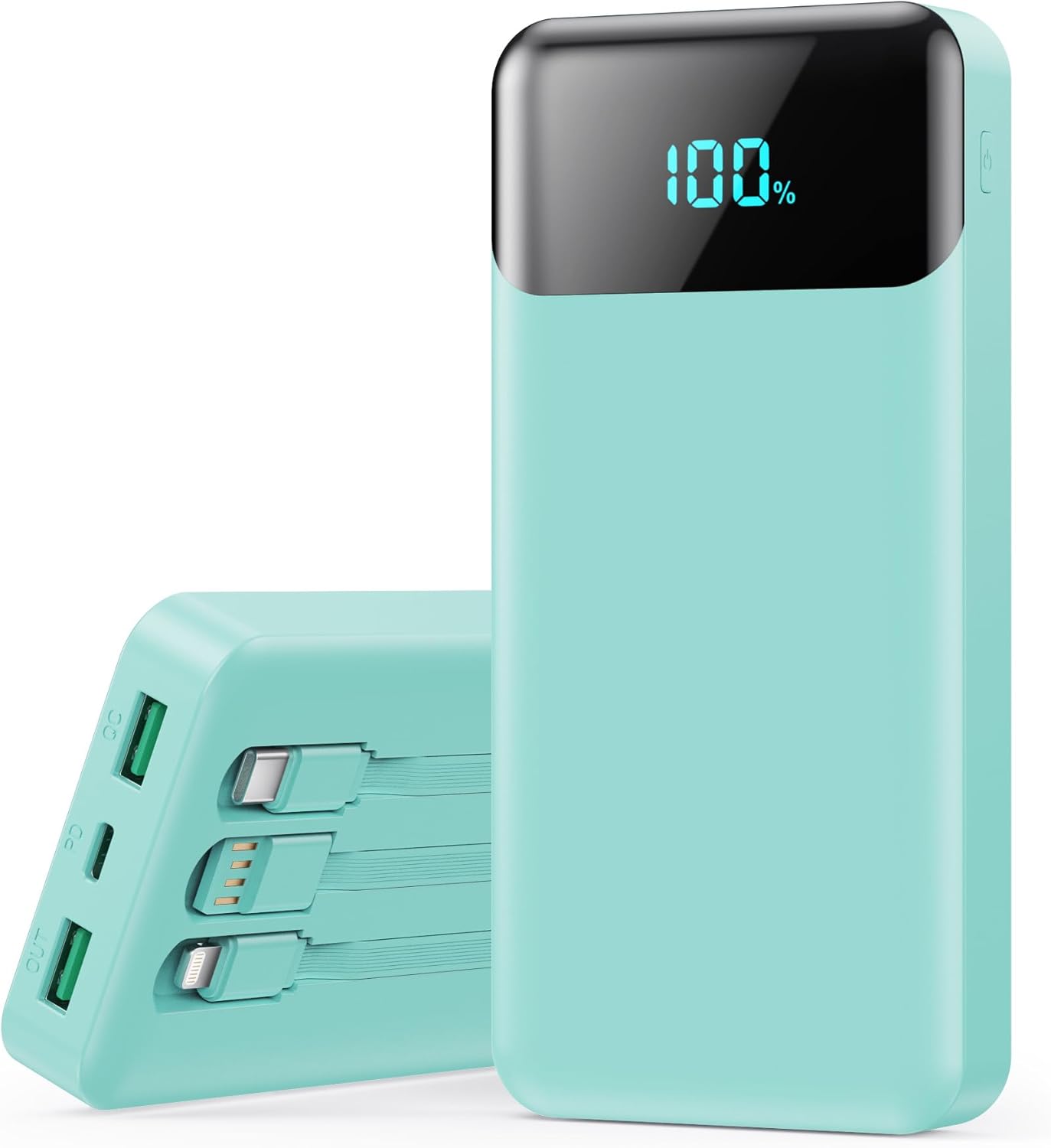 Portable Charger 40800mAh Power Bank with 3 Built-in Cables,PD 25W USB C in&Out Power Bank Fast Phone Charging,QC4.0 5 Output LED Display Battery Pack Compatible with iPhone 16/15,Galaxy,Android-Green