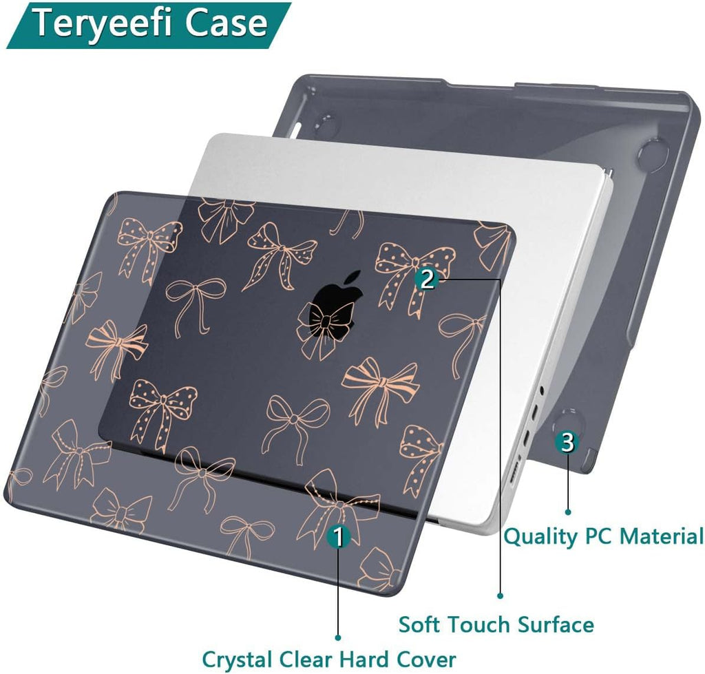 Teryeefi for MacBook Pro 14 inch Case M4 M3 M2 M1 Chip (2025 2024 2023 2021 Release) Model A3112 A3401 A3185 A2918 A2992 A2779 A2442, PC Hard Shell+Keyboard Cover+Type C Adapter, Gold Bows A003