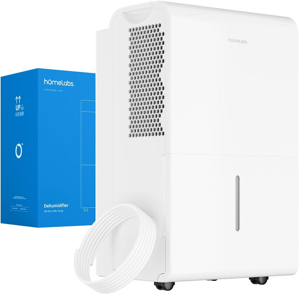 hOmeLabs 50 Pint Wi-Fi Dehumidifier with Pump for up to 7,000 Sq Ft (MAX 120 Pint at 95°F, 90% RH) – High Capacity Moisture Removal for Large Rooms, Offices, and Basements