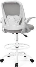 Drafting Chair Tall Office Chair with Flip-up Armrests, Adjustable Height, and Enhanced Lumbar Support - Ergonomic Rolling Stool, Back Support, and Adjustable Foot Rest Ring for Standing Desk Gray