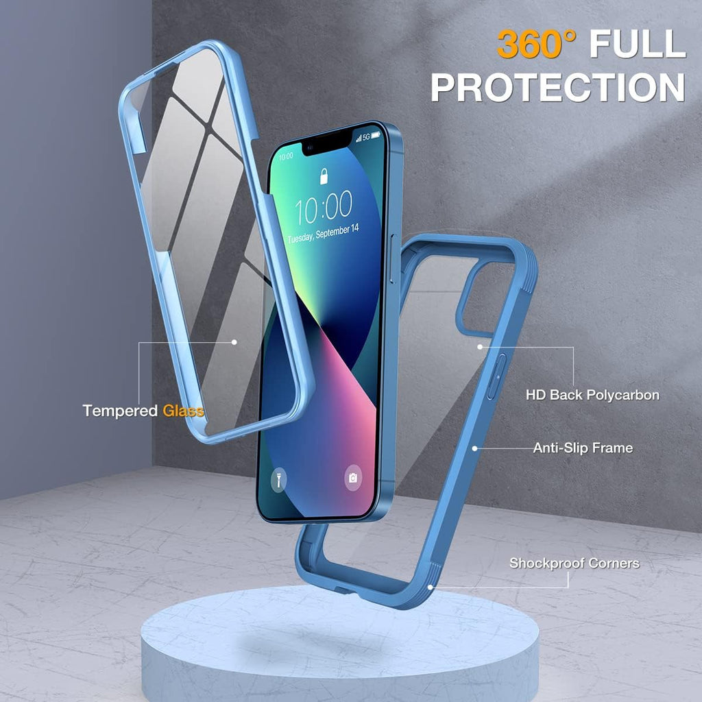 Miracase Compatible with iPhone 13 case 6.1 inch, 2023 Upgrade Full-Body Glass Clear Case Bumper Case with Built-in 9H Tempered Glass Screen Protector for iPhone 13 (Capri Blu)