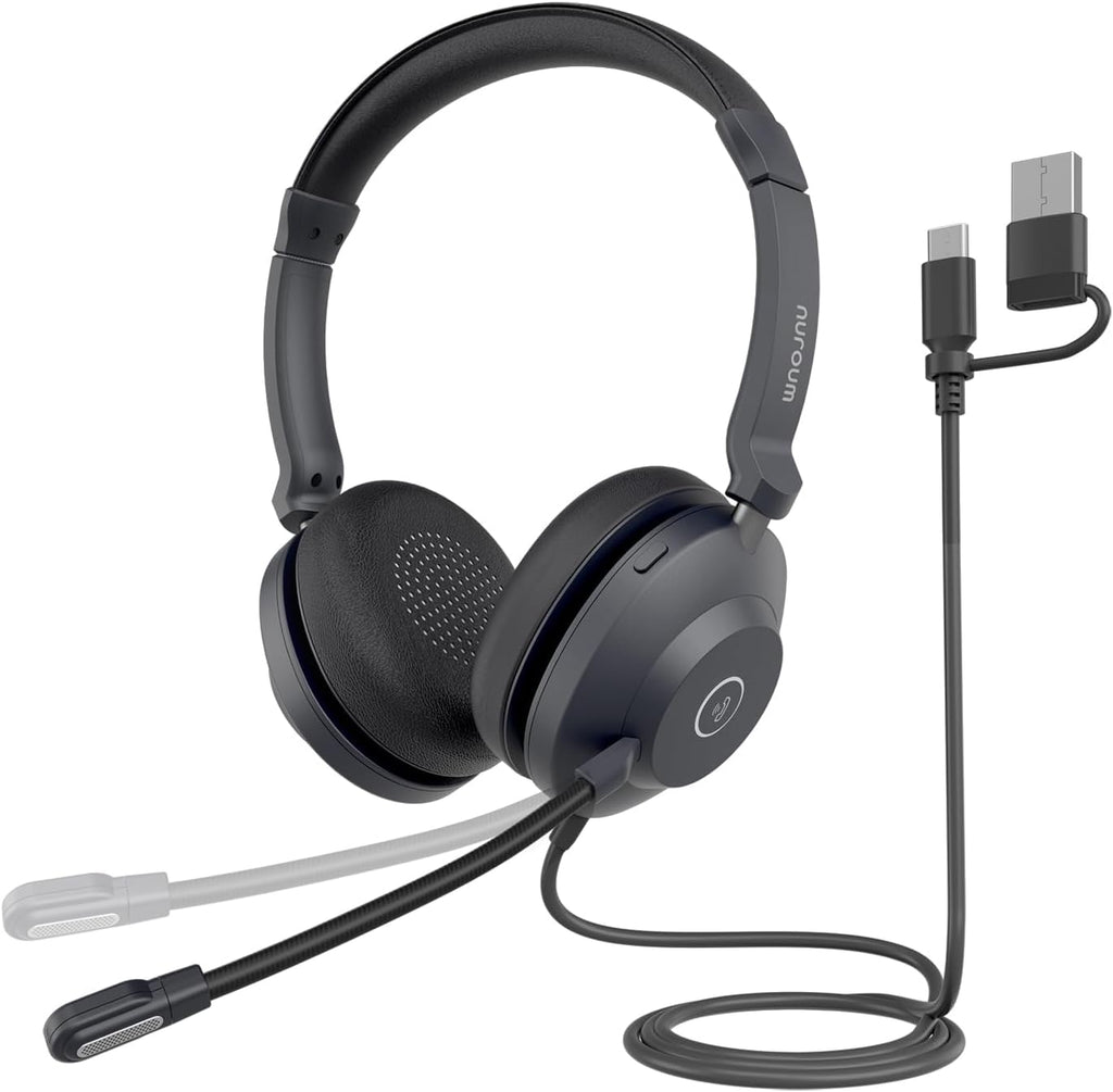 NUROUM HP21 USB Headset with Microphone for PC, AI Noise Cancelling Mic for Work, Wired Headset for Call Center/Office, Mute Button, USB-A/Type-C for Computer/Laptop/Desktop, Compatible w/Zoom/Teams