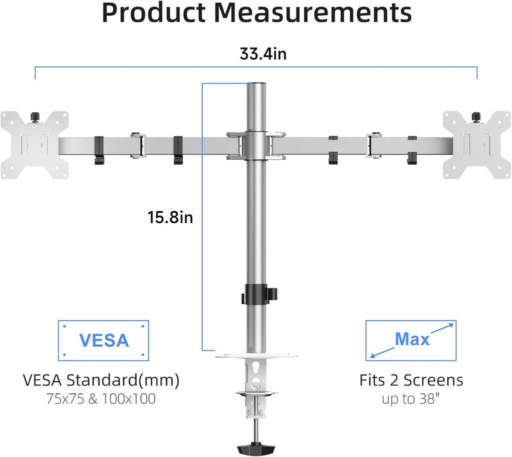 Suptek Dual Monitor Desk Mount, Adjustable Dual Monitor Arm for 2 Monitor Screens up to 38 inch, Extra Tall 15.75" Pole Monitor Stand for Desk, Holds up to 22 lbs,Silver(MD9442MS)