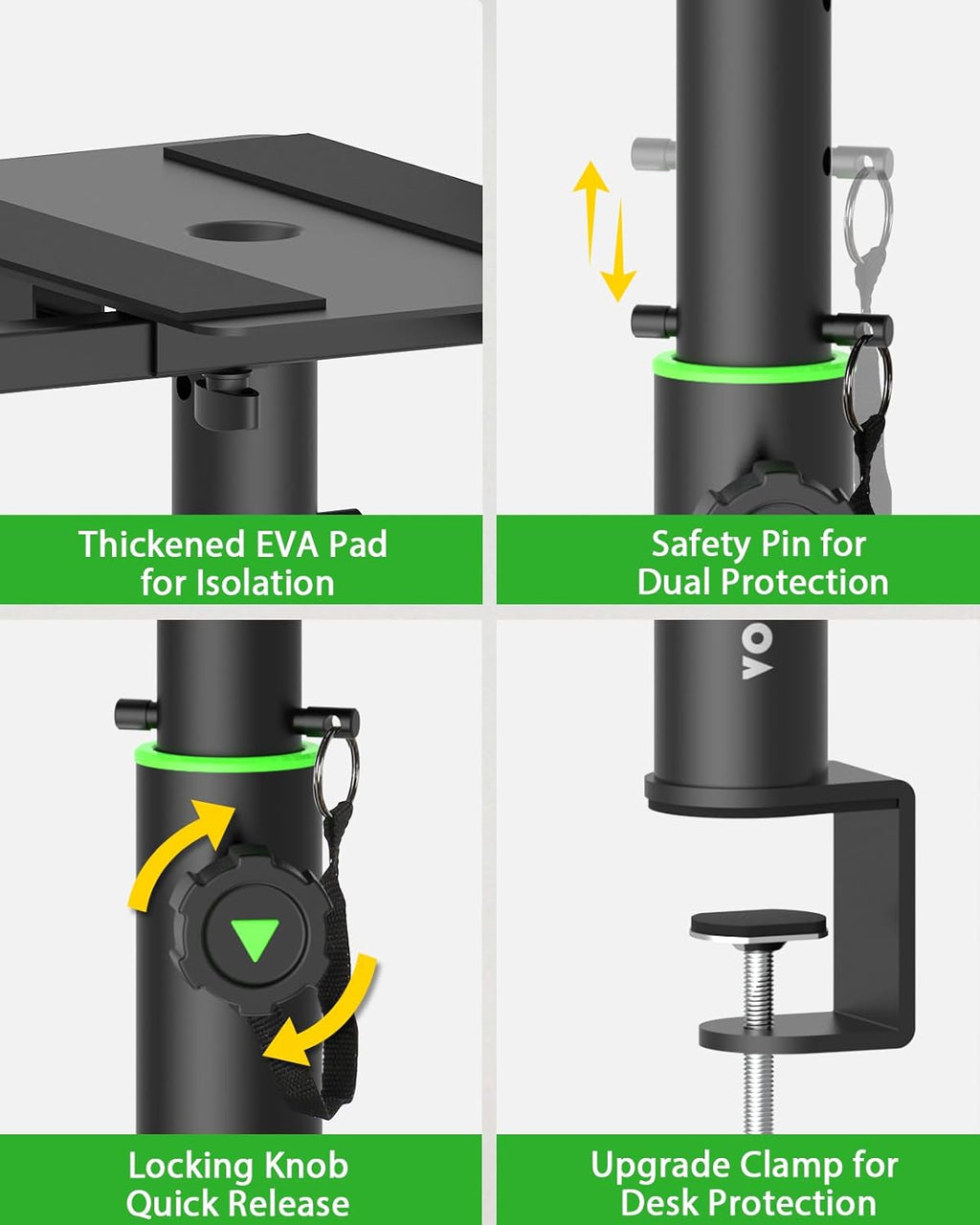 Set of 2 Dual Side Clamping Studio Monitor Stands Short Desktop Clamp Speaker Stands Height Adjustable Extendable Top Plate Mounted by Screws