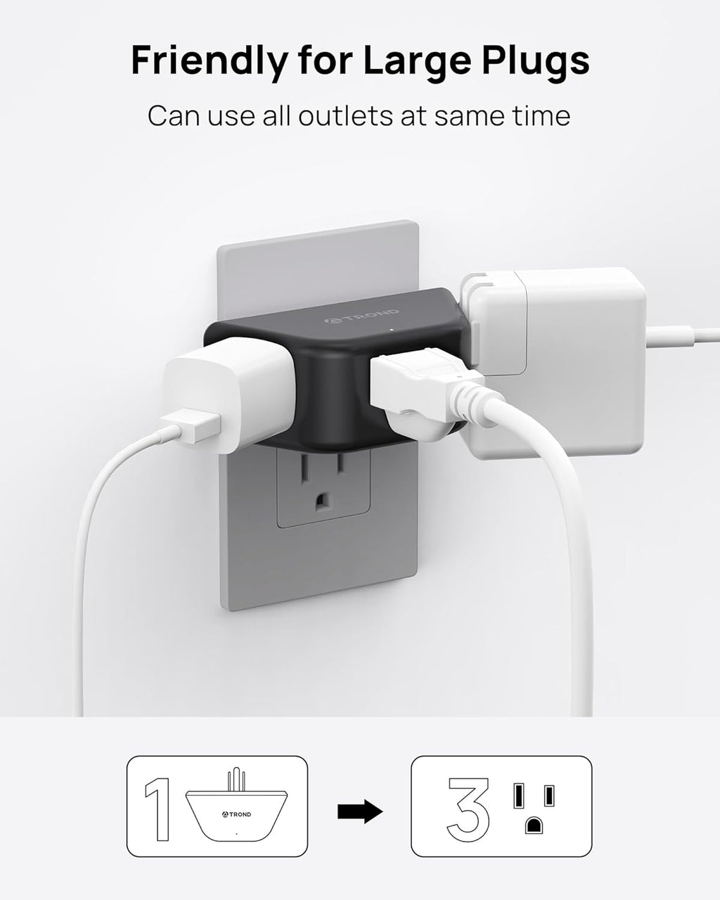 TROND Outlet Extender - 3 Prong Grounded Plug Extension Outlet, 3 Way Angled Wall Plug Splitter, Cruise Ship Essentials, Multiple Expander with 3 Electrical Sockets for Bathroom, Kitchen, Black