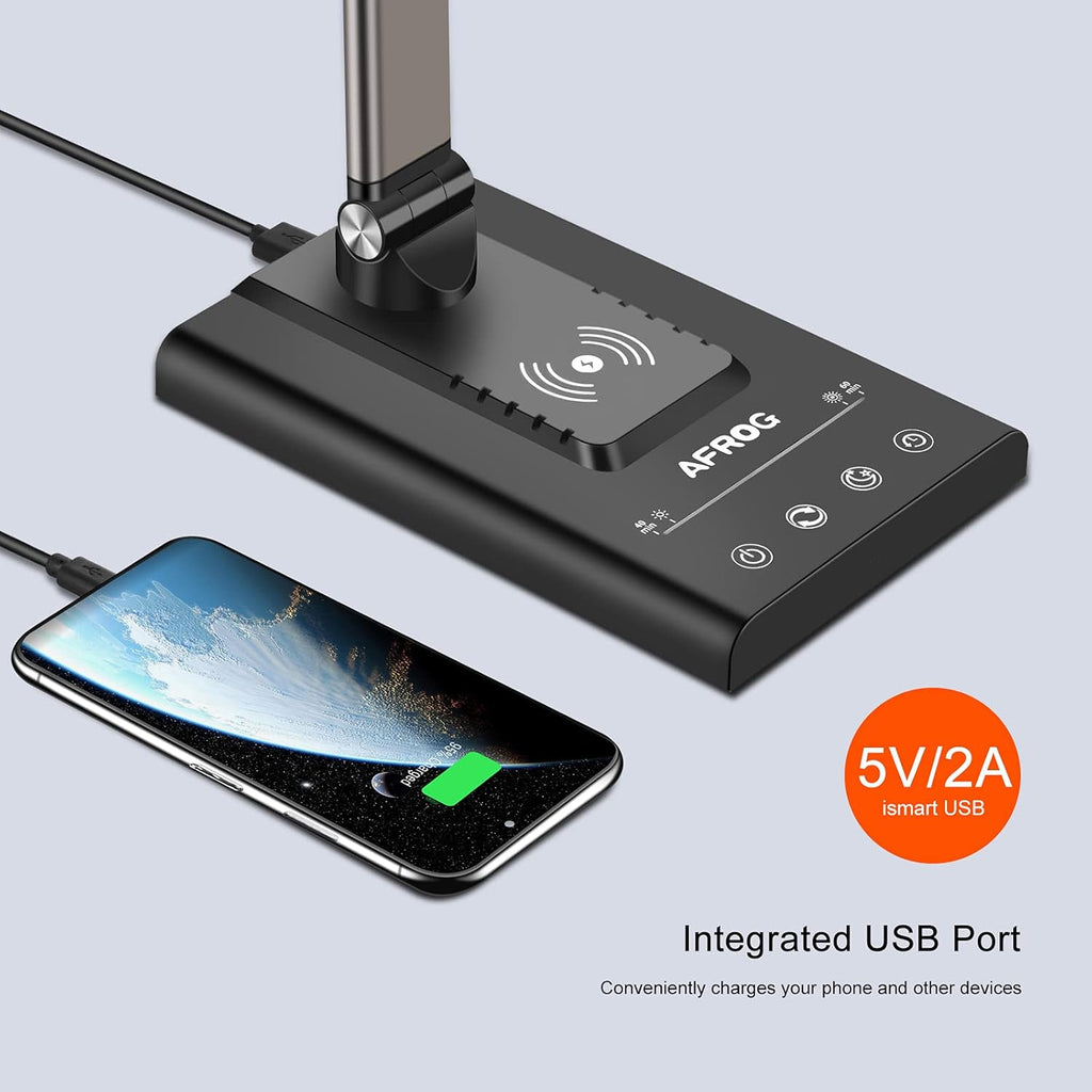 AFROG 5th Gen Multifunctional LED Desk Lamp with 10W Fast Wireless Charger, USB Charging Port,1800Lux Super Bright,5 Lighting Mode,7 Brightness, Touch Control, Auto Timer, 15W Office Table Lamp