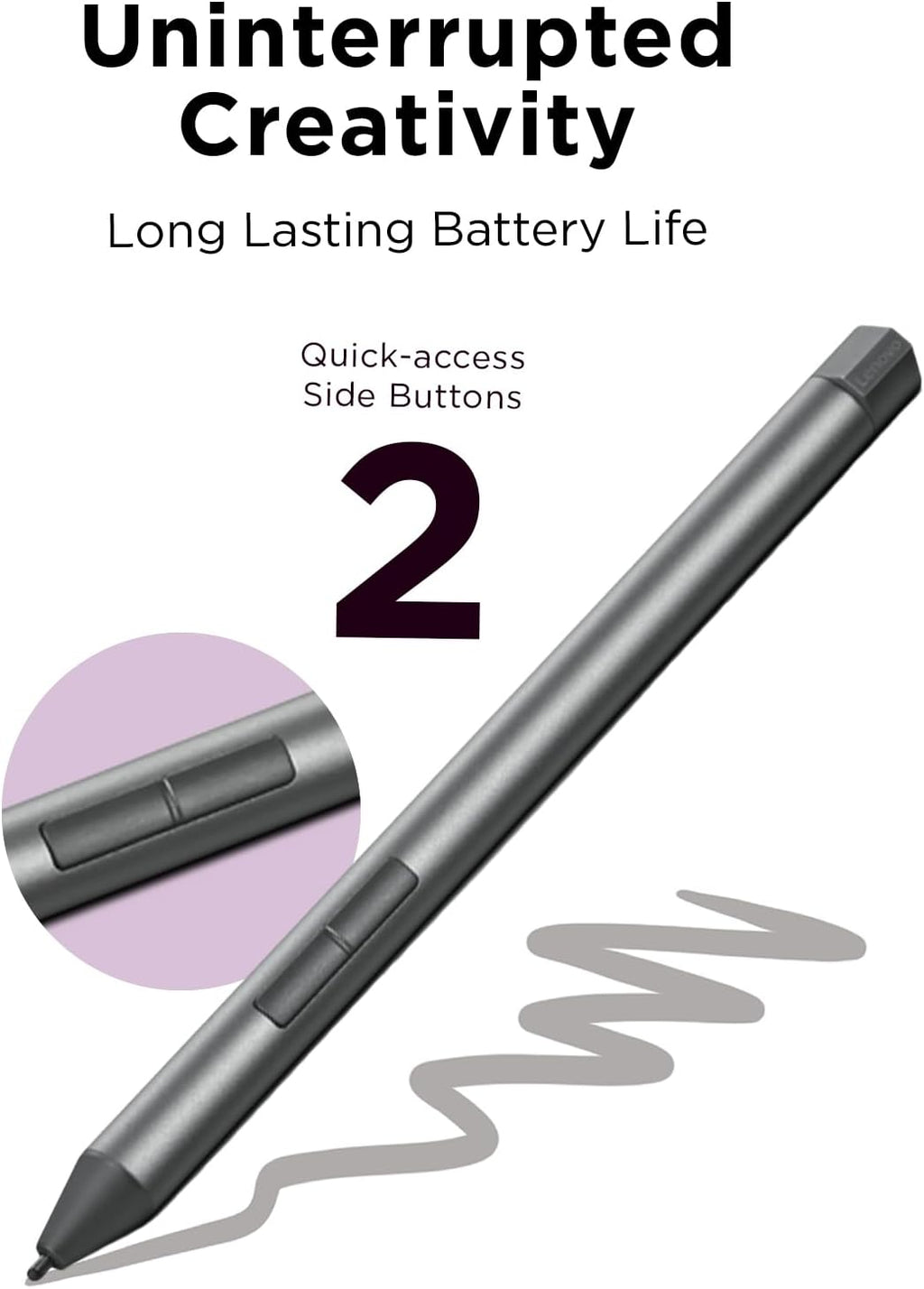 Lenovo Digital Pen 2 (Laptop) - Ultra-Tactile Response - 4,096 Levels of Pressure - Natural Feel Elastometer Pen Tip - Extended Battery Life - Silver, Grey