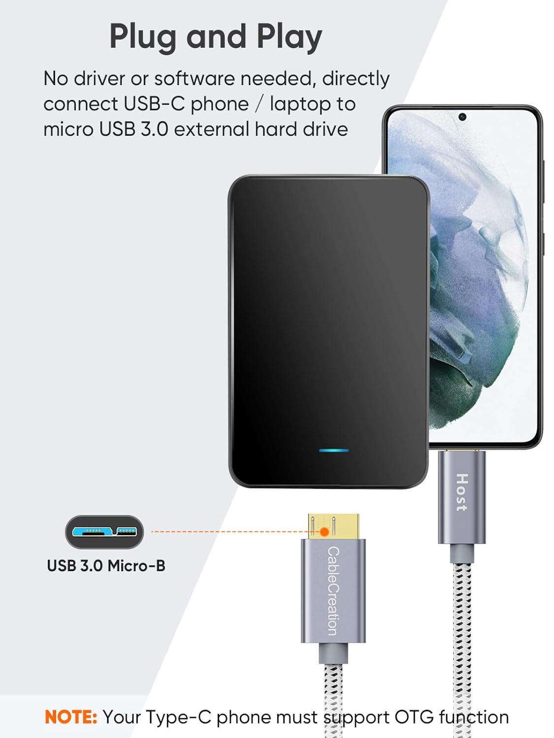 CableCreation 1FT USB C to Micro B Cable,10Gbps Speed External Hard Drive Braided,USB 3.1 Type C to Micro B Work for iPhone 15 Series,Seagate WD Westgate My Passport,MacBook Pro/Air, iPad/Tablet,Grey