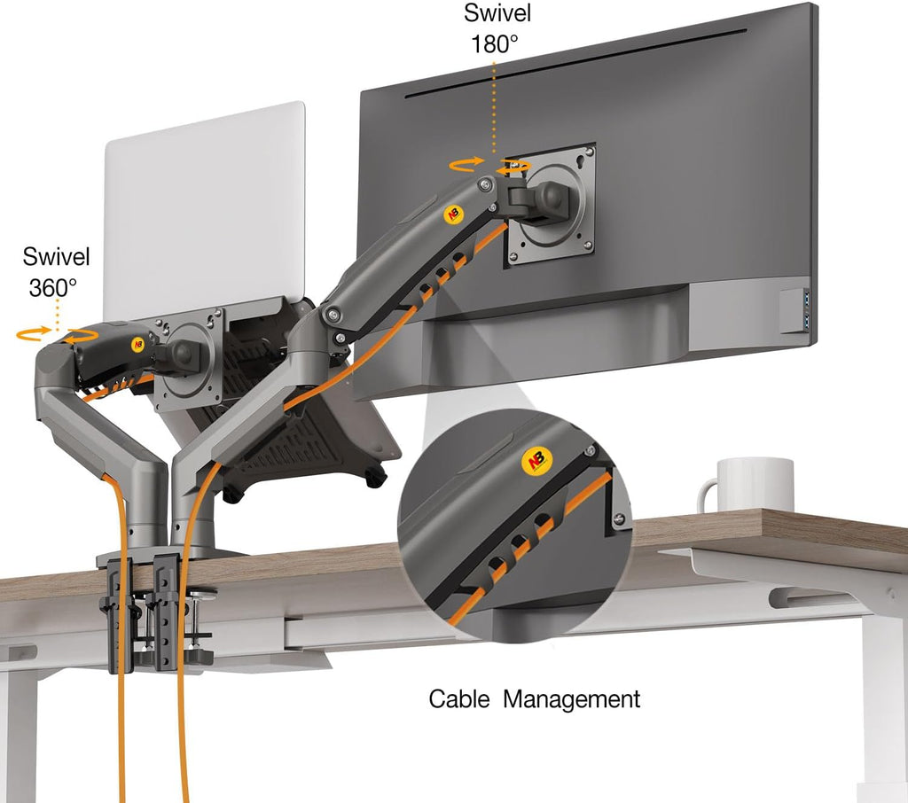 NB North Bayou Laptop Mount with Adjustable Tray for 10-17”Notebook, Full Motion Arm with VESA Plate for 17-30”Monitor,Clamp-on Grommet Mounting F160-FP (Black)