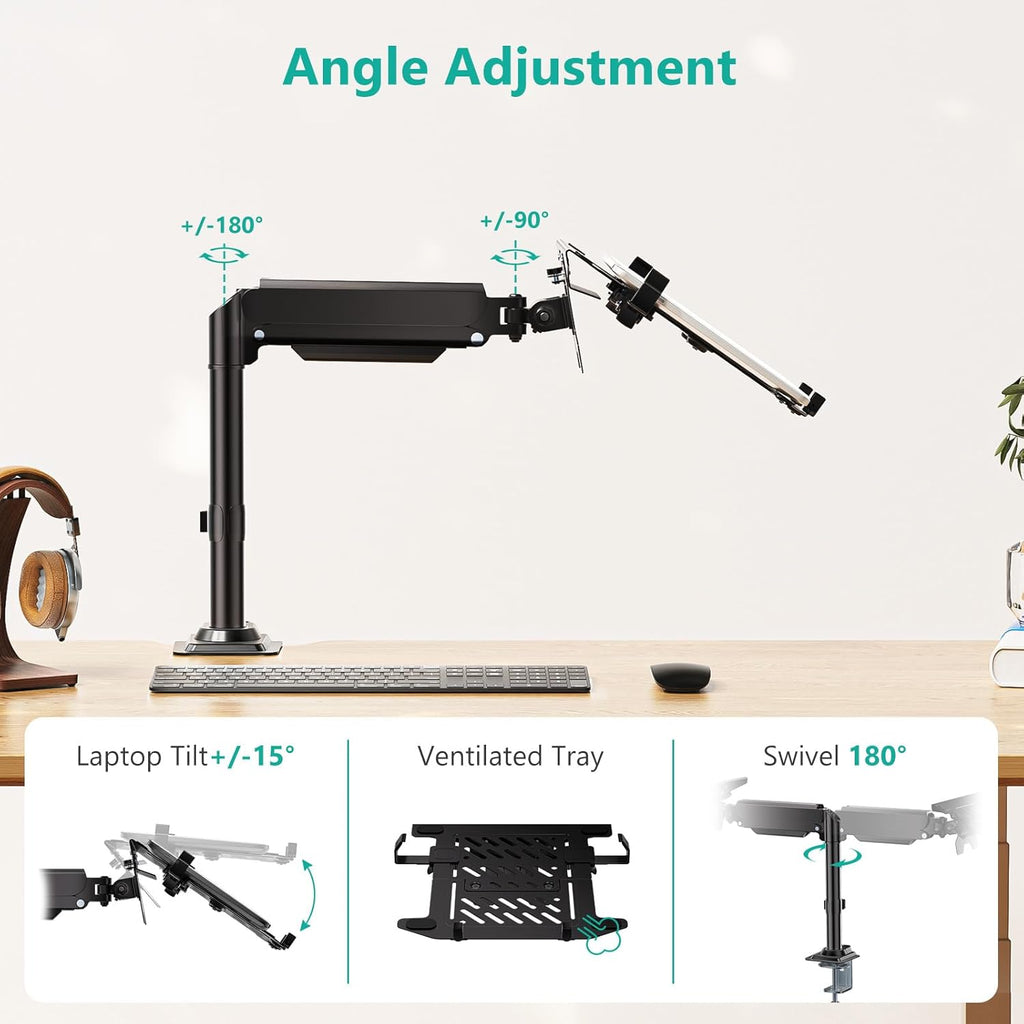 WALI Laptop Tray Desk Mount, Laptop Arm Mount Fits 10-15.6 Inch Notebook, 2-in-1 Gas Spring Monitor Arm for 17-32 Inch Computer Screen, Holds up to 22lbs(GSDM00LP), Black
