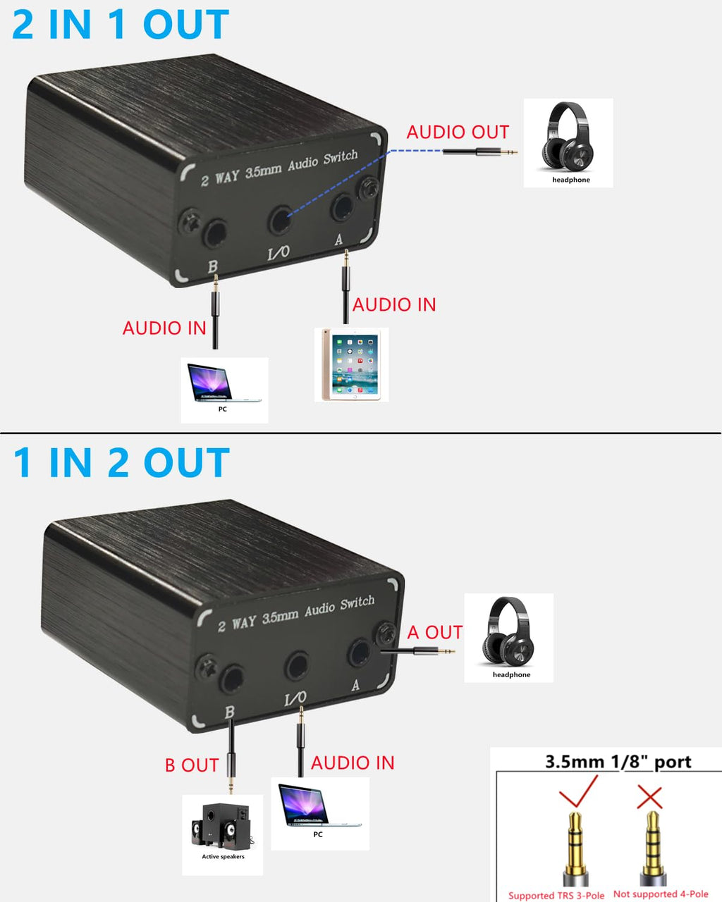 SPRODIO 2 Port 3.5mm Stereo Audio Switch Box AUX Headphone Speaker Manual selector switcher Use 6A Toggle Switch (2 in 1 Out / 1 in 2 Out) -T21