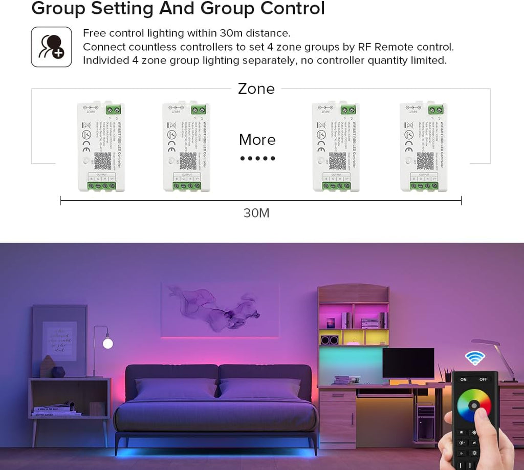 BTF-LIGHTING 5050SMD FCOB COB RGB RF Remote RC03RFB &4PCS C03RF LED Tuya LED Controller Kit 4 Zones RF 2.4GHz Wireless Remote Group Control PWM RGB (+ R G B) 4pin LED Strip DC5V DC12V DC24V
