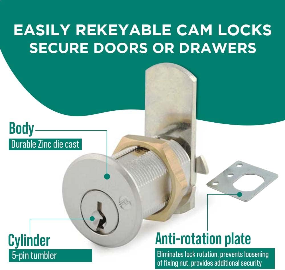 Olympus Locks DCN3 Rekeyable Cam Locks | 1-3/8 in Cylinder KD Key Lock, Grade 1 Cam Lock for Doors & Drawers, US26D Chrome, Keyed Different
