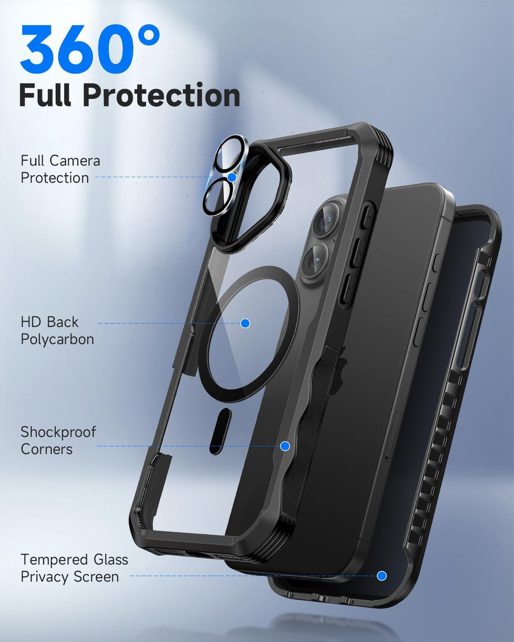seacosmo for iPhone 16 Plus Case, Full Body Bumper with Built-in 9H Tempered Glass Privacy Screen Protector and Camera Lens Protector, Compatible with MagSafe, Shockproof Phone Cover, 6.7", Black