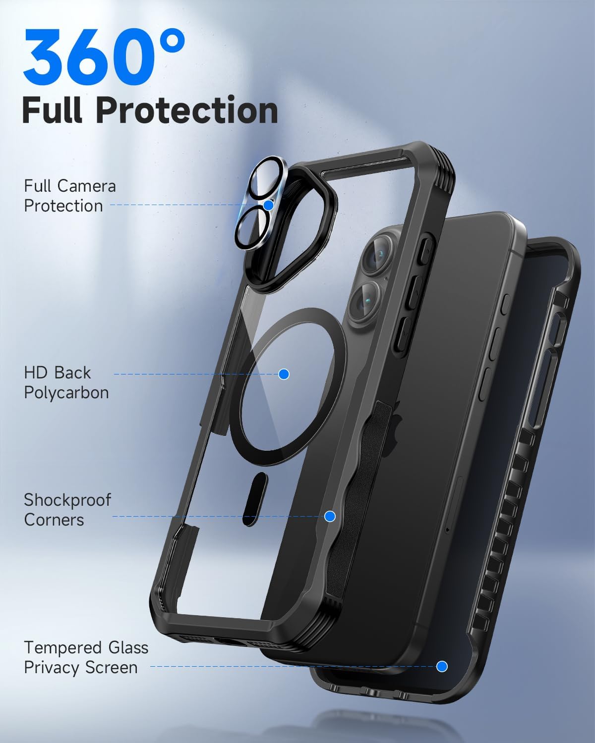seacosmo for iPhone 16 Plus Case, Full Body Bumper with Built-in 9H Tempered Glass Privacy Screen Protector and Camera Lens Protector, Compatible with MagSafe, Shockproof Phone Cover, 6.7", Black