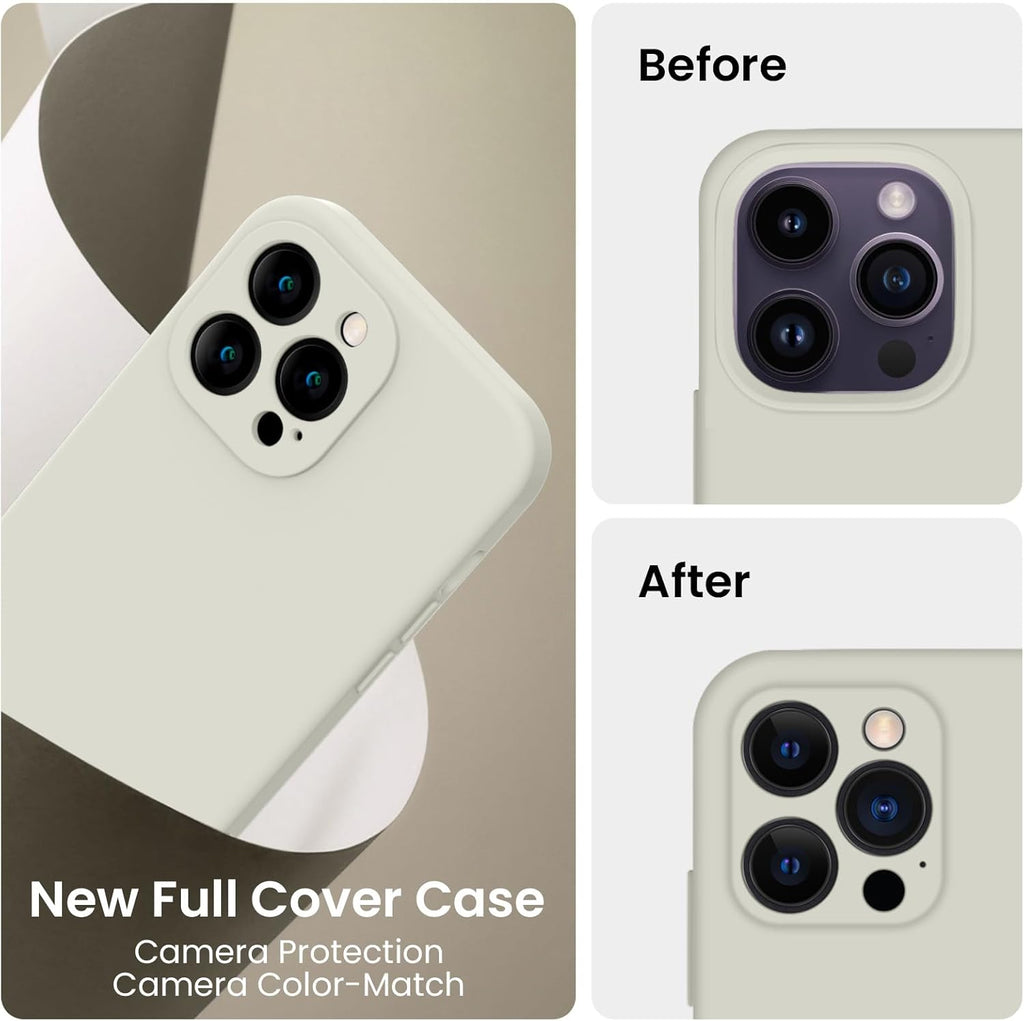 FireNova for iPhone 14 Pro Case, Silicone Upgraded [Camera Protection] Phone Case with [2 Screen Protectors], Soft Anti-Scratch Microfiber Lining Inside, 6.1 inch, Stone
