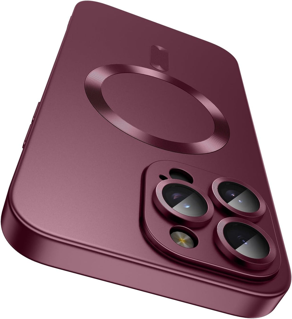 Magnetic for iPhone 16 Pro Max Case [Compatible with MagSafe][Built-in Camera Lens Protector] Slim Soft Silicone Bumper Shockproof Metallic Luster Phone Case (Burgundy)