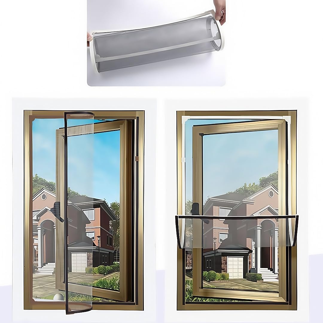 VKX Adjustable DIY Magnetic Window Screen, Fiberglass Mesh, Strong(720GS) Magnetic Strips, White Frames Grey Mesh, Suitable for Various Types of Screen Windows (59"x39")