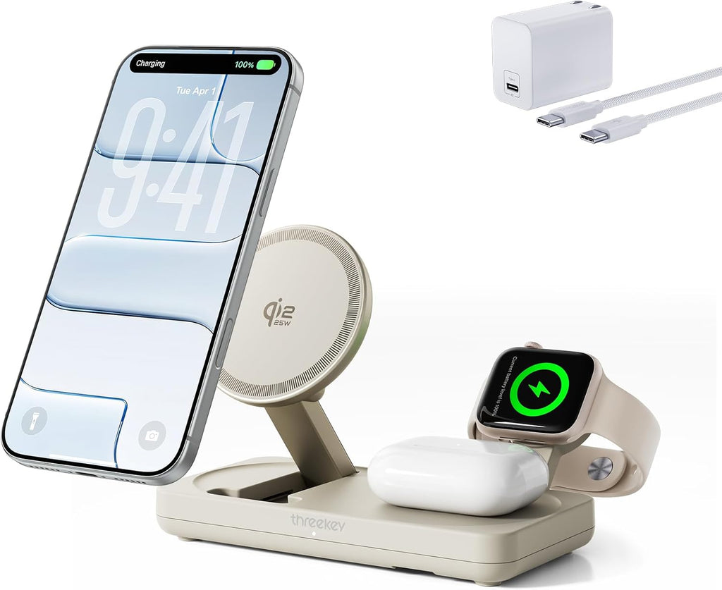 THREEKEY Qi2 25W MagSafe 3-in-1 Wireless Charging Station, MFI Certified by Apple, Fast Foldable Charger Stand for iPhone 17/16/15/14/13/12 Pro Max, Apple Watch, AirPods(45W Adapter Included)