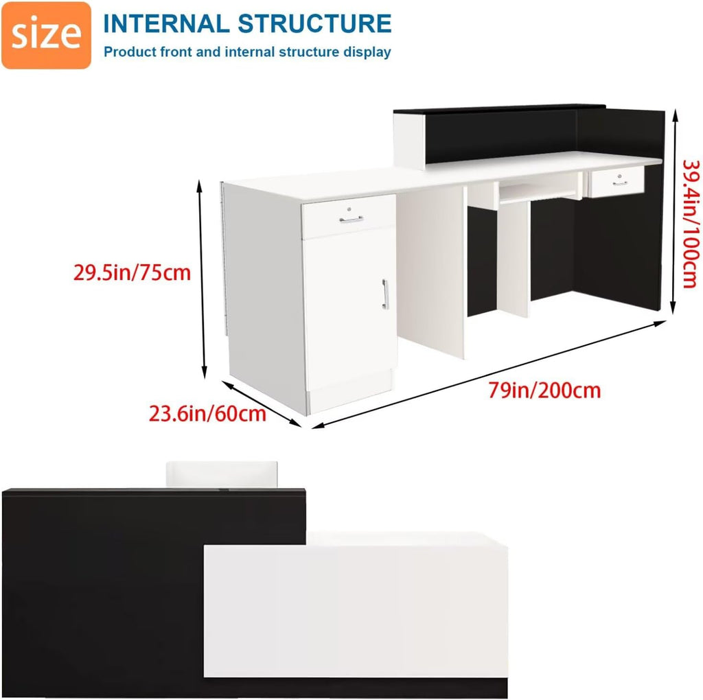 Reception Desk with Counter Modern Checkout Counter with Lockable Drawer Keyboard Tray Receptionist Desk for Office Salon Reception Table V Left 79inch/200cm