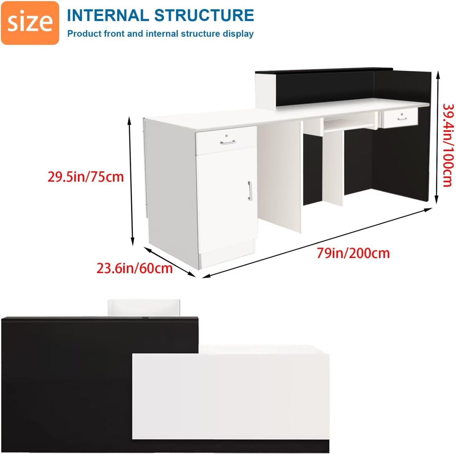 Reception Desk with Counter Modern Checkout Counter with Lockable Drawer Keyboard Tray Receptionist Desk for Office Salon Reception Table D Left 79inch/200cm
