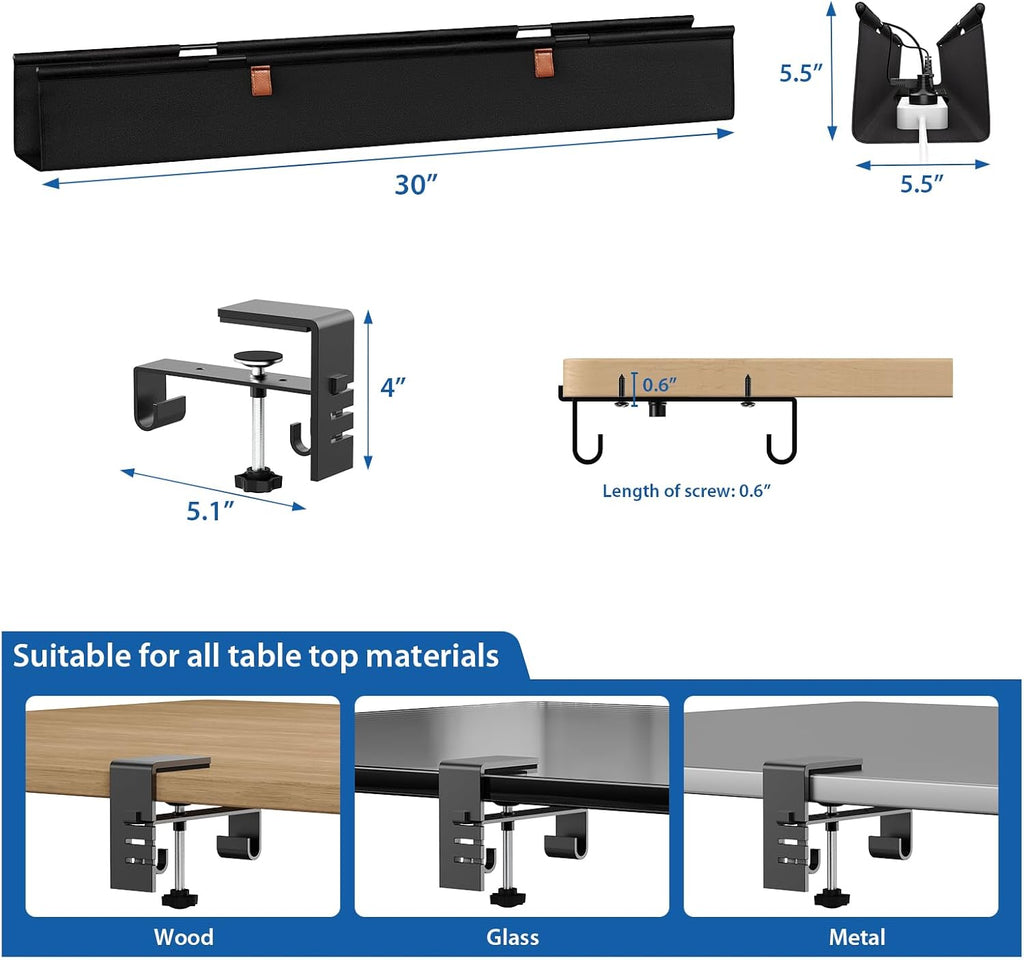 Zilink No Dril Under Desk Cable Management Tray 30" Standing Desk Cable Management Clamp/Screw Mount Under Table Cord Premium Fabric Wire Organizer Management for Home Office