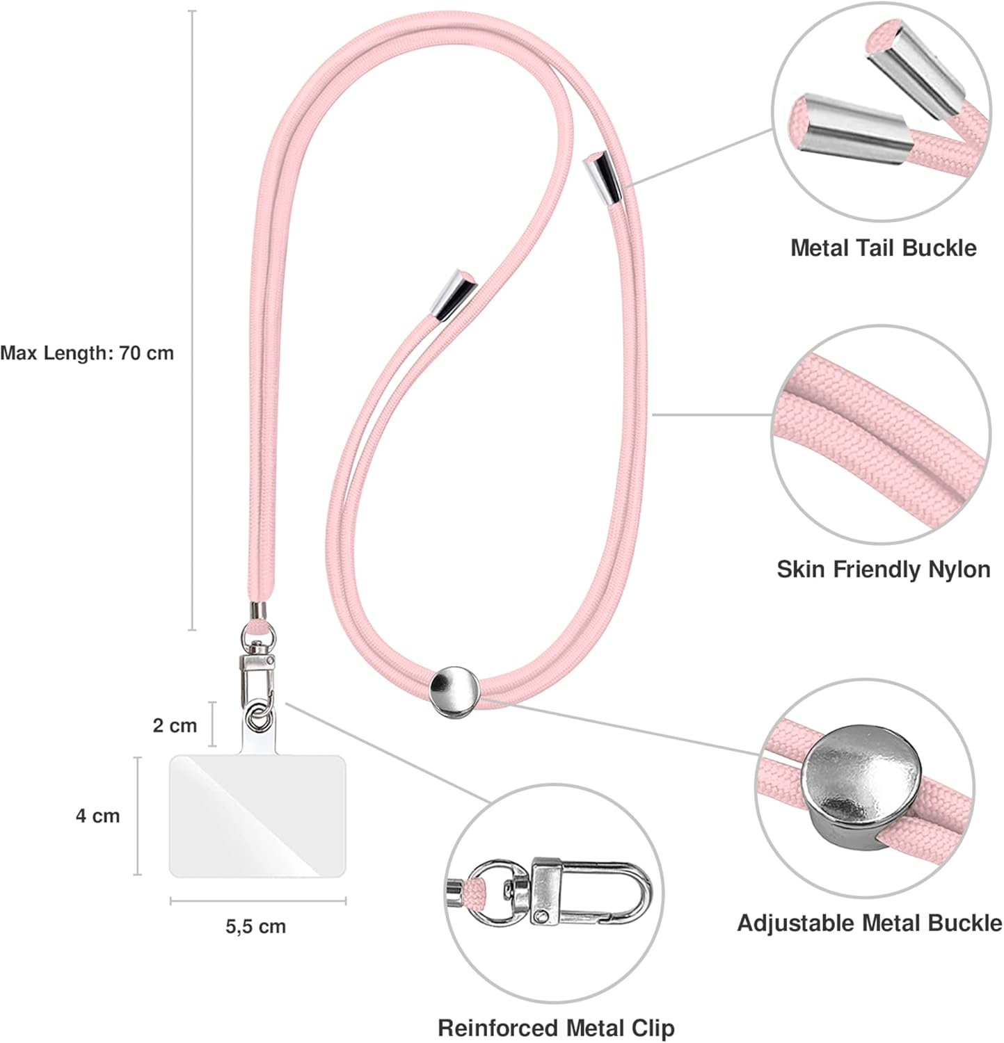 Cell Phone Lanyard [Light Pink] - Comfortable Universal Smartphone Lanyard - Easy to Use Neck Phone Holder [Clear Patch] - Adjustable Length Phone Strap Crossbody - Fits All Mobile Phones