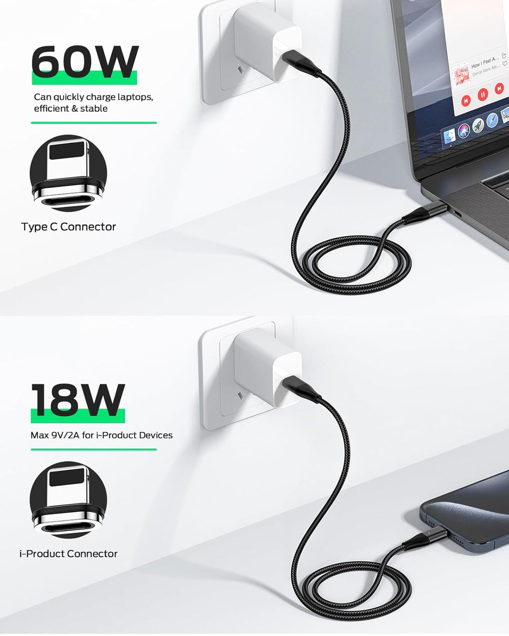 YKZ 3 in 1 Magnetic USB C to C Cable, Magnet Charging Cable, [3.3FT+6.0FT] PD 60W Fast Charger Nylon Braided Cord Compatible with Type C and Android Devices (Black)