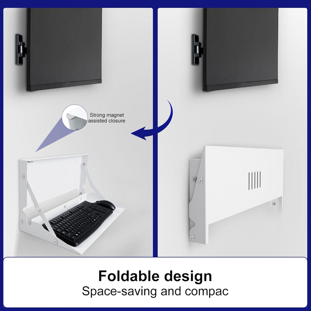 1 Pcs 24 Inch Keyboard Wall Mount Foldable Fits Standard Computer Keyboard Mouse Stand Tray Organizer for Small Offices Apartments, Easy Installation with 4 Screws (White)