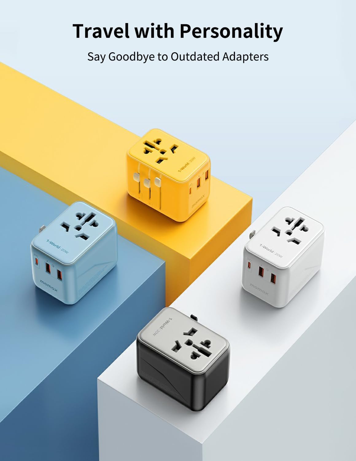 MOMAX Universal Travel Adapter, 20W+18W International Plug Adapter with 2 USB-A Quick Charging & 1 USB C PD Fast Charging,1 AC, All-in-one Wall Charger for USA EU UK AUS JP (Type C/A/G/I)