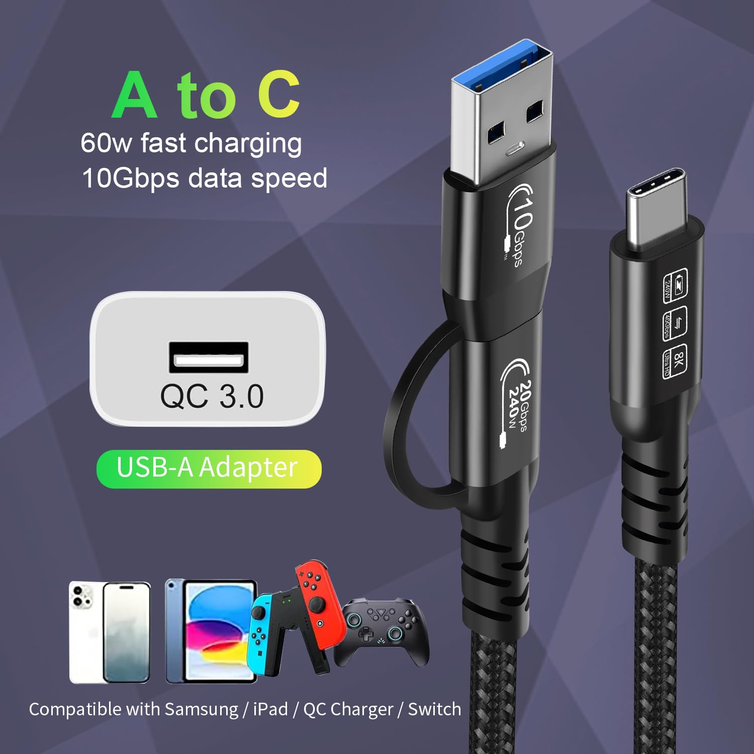 CABLEDECONN USB2.0 A to USB C 3.2 Type C 20Gbps Male to Male Detachable 2m 6.6ft Cable Data Extension 10Gbps 240W Fast Charge 8K Ultra HD Video Data Connection Power Line