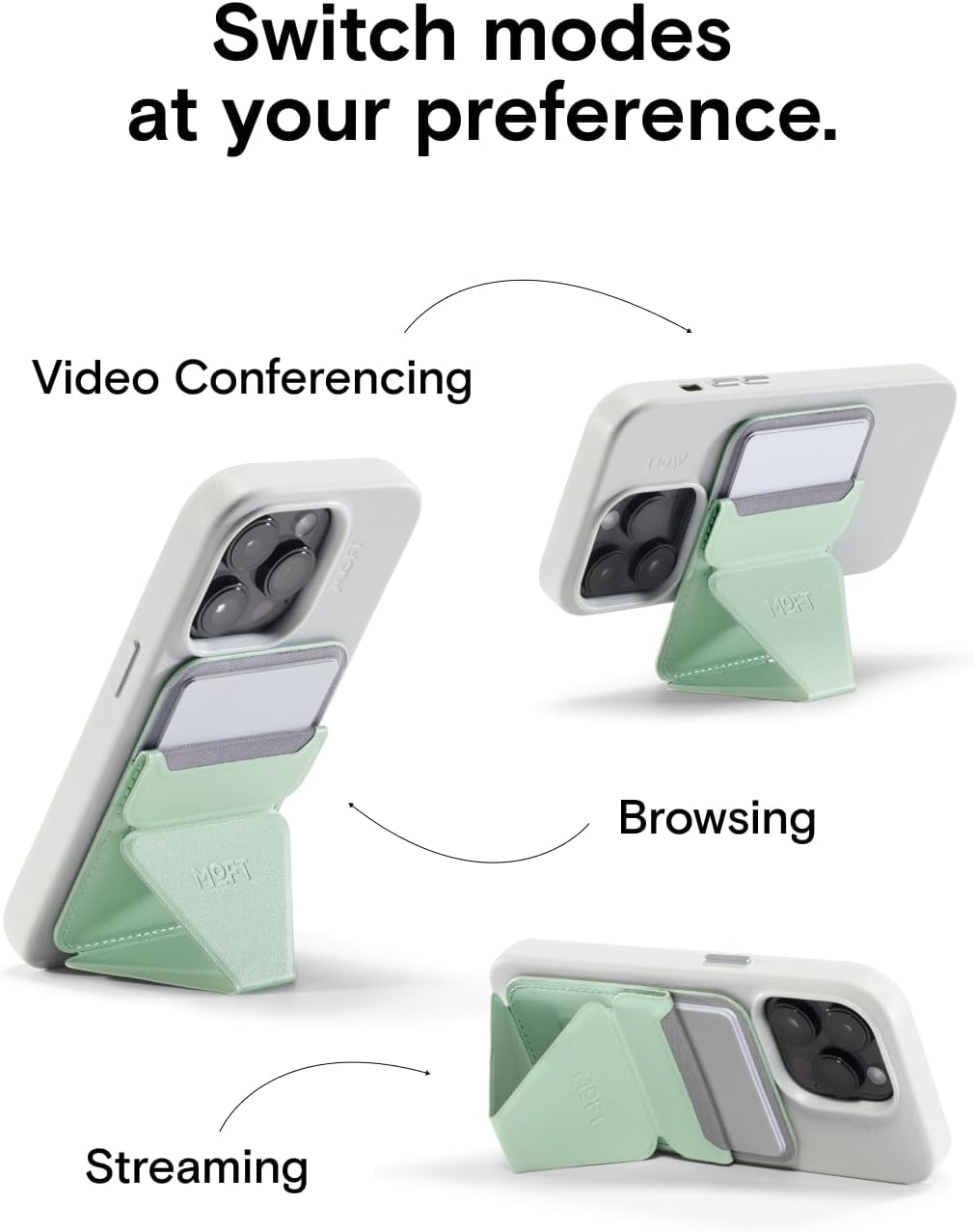 MOFT Magnetic Wallet Stand Compatible with iPhone 16/15/14/13/12 Series, Angle Adjustment & Magsafe Compatible MOVAS Phone Stand,Peppermint