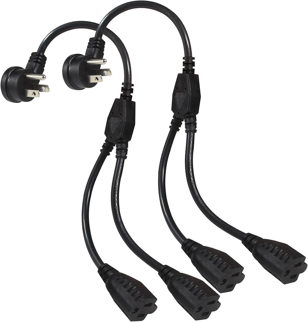 Power Extension Cord Y Splitter - 1FT Right Angled Type Flat Plug NEMA 5-15P 1 to 2 Way Outlet NEMA 5-15R SJT 16AWG 3 Prong Low Profile Black AC Power Cable Wire Extender for Home Office (2-Pack)