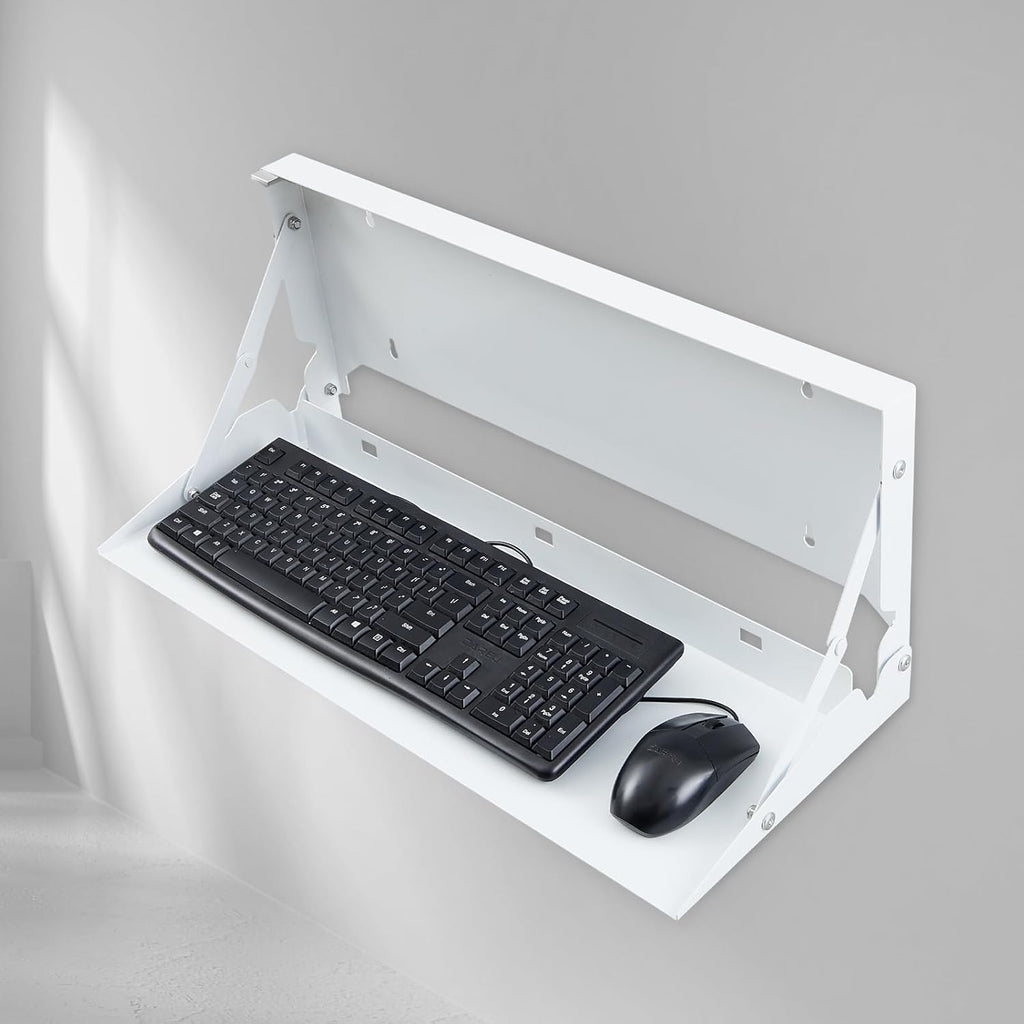 1 Pcs 24 Inch Keyboard Wall Mount Foldable Fits Standard Computer Keyboard Mouse Stand Tray Organizer for Small Offices Apartments, Easy Installation with 4 Screws (White)