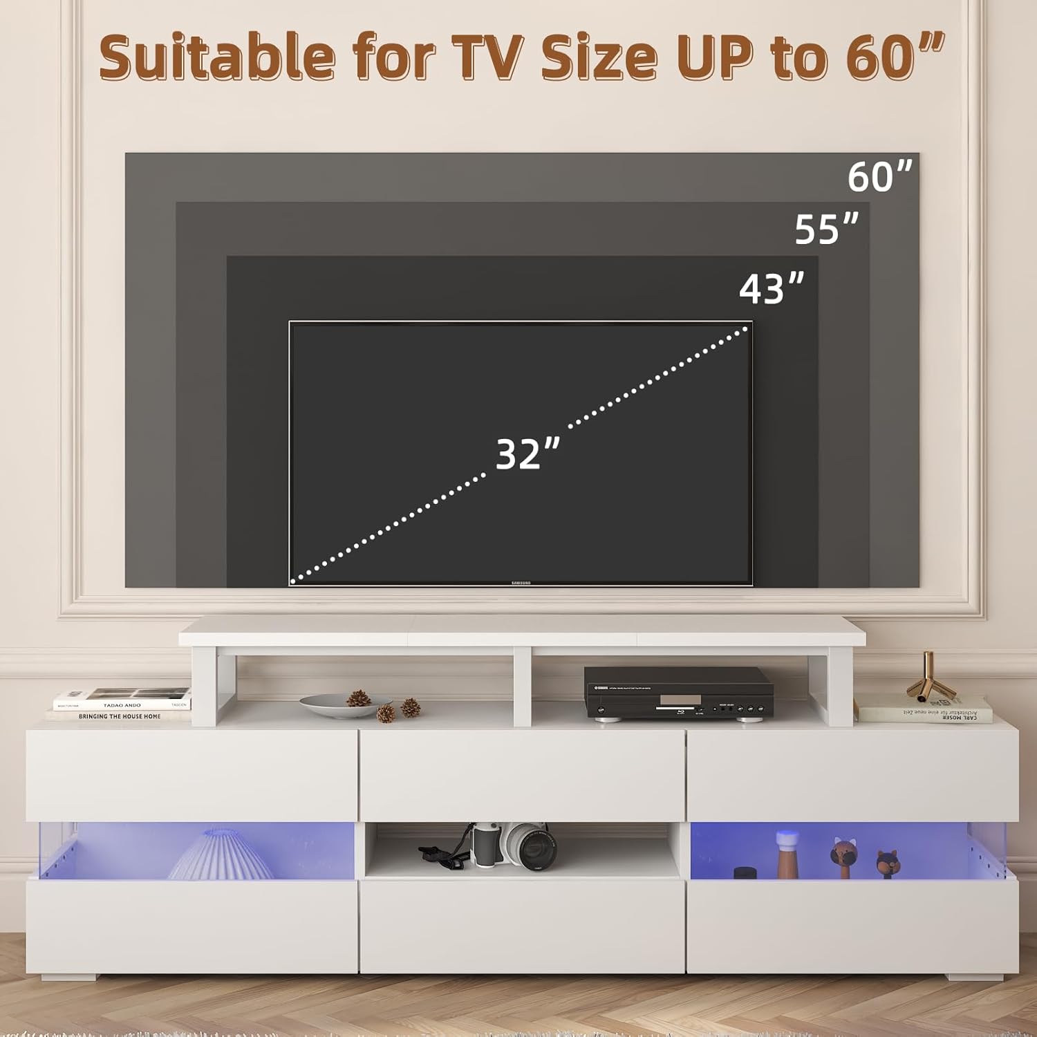 YAOHUOO 45" Large TV Riser for 32-60 inch TV, TV Riser Stand Shelf with Steel Legs, Tabletop TV Stand Riser for Home Office,White