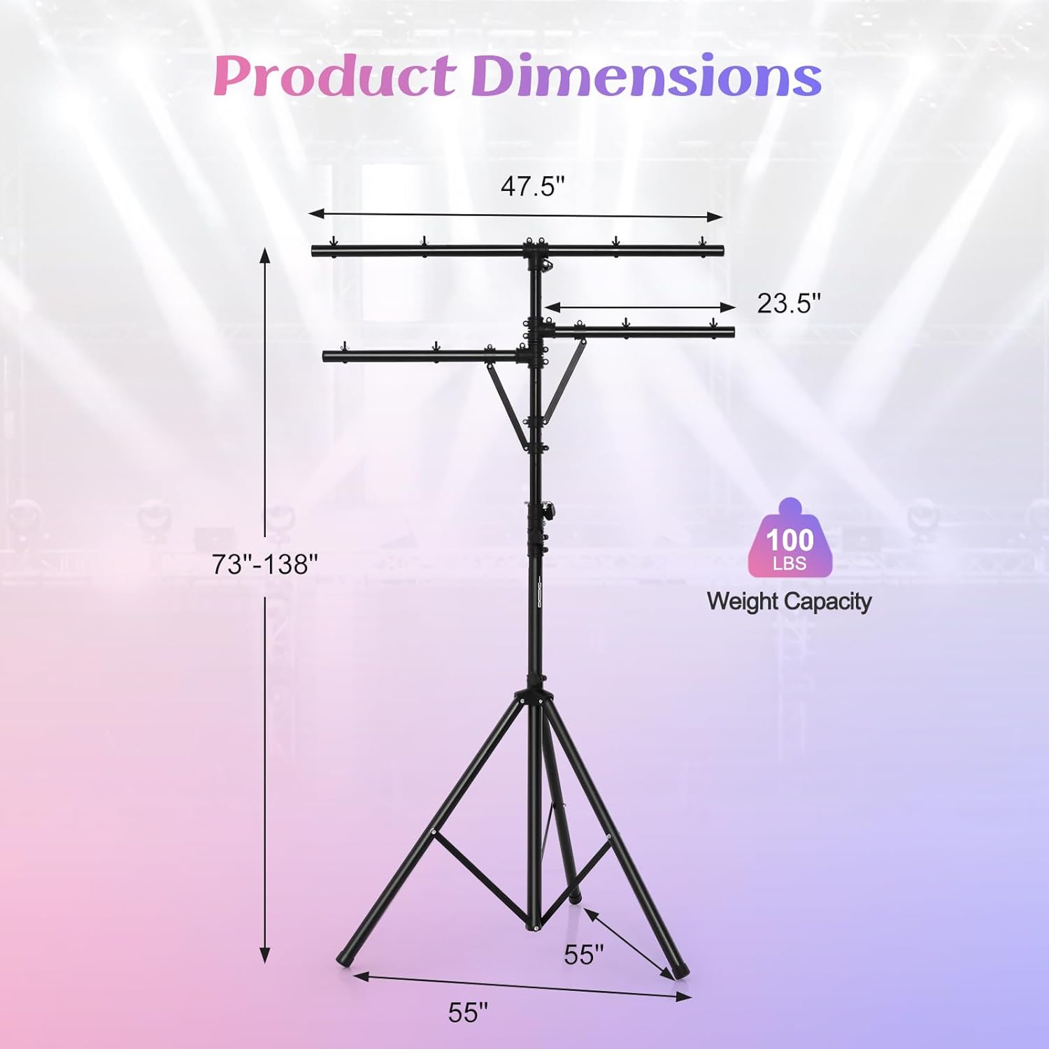 S AFSTAR Pro Audio Tripod, Multi Arm Tripod w/ 6.1-11.5 FT Adjustable Height, Portable T Bar Lighting Stand w/ 100 LBS Capacity, DJ Lighting Stand Suitable for Stage Bar Banquet Party