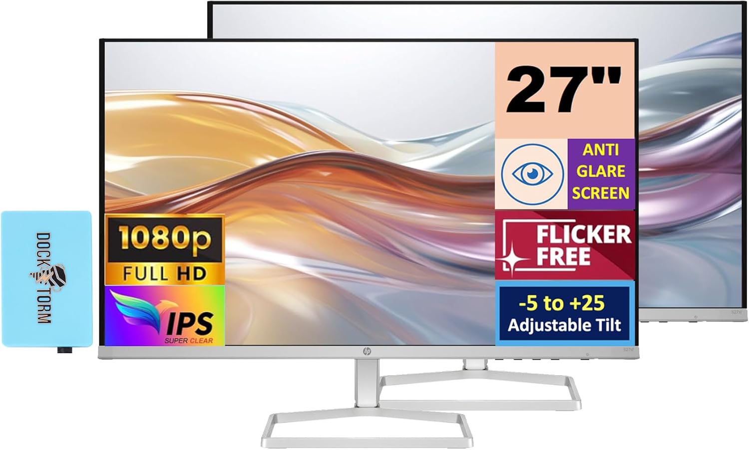 HP Series 5 527sf Monitor (Replaces M27f) 27" IPS FHD 300 nits Display, -5 to +25 Degrees Adjustable Tilt, Flicker Free, Anti-Glare, 1x HDMI, Black/Silver w/Dockztorm HUB USB Port Expander (2 Pack)