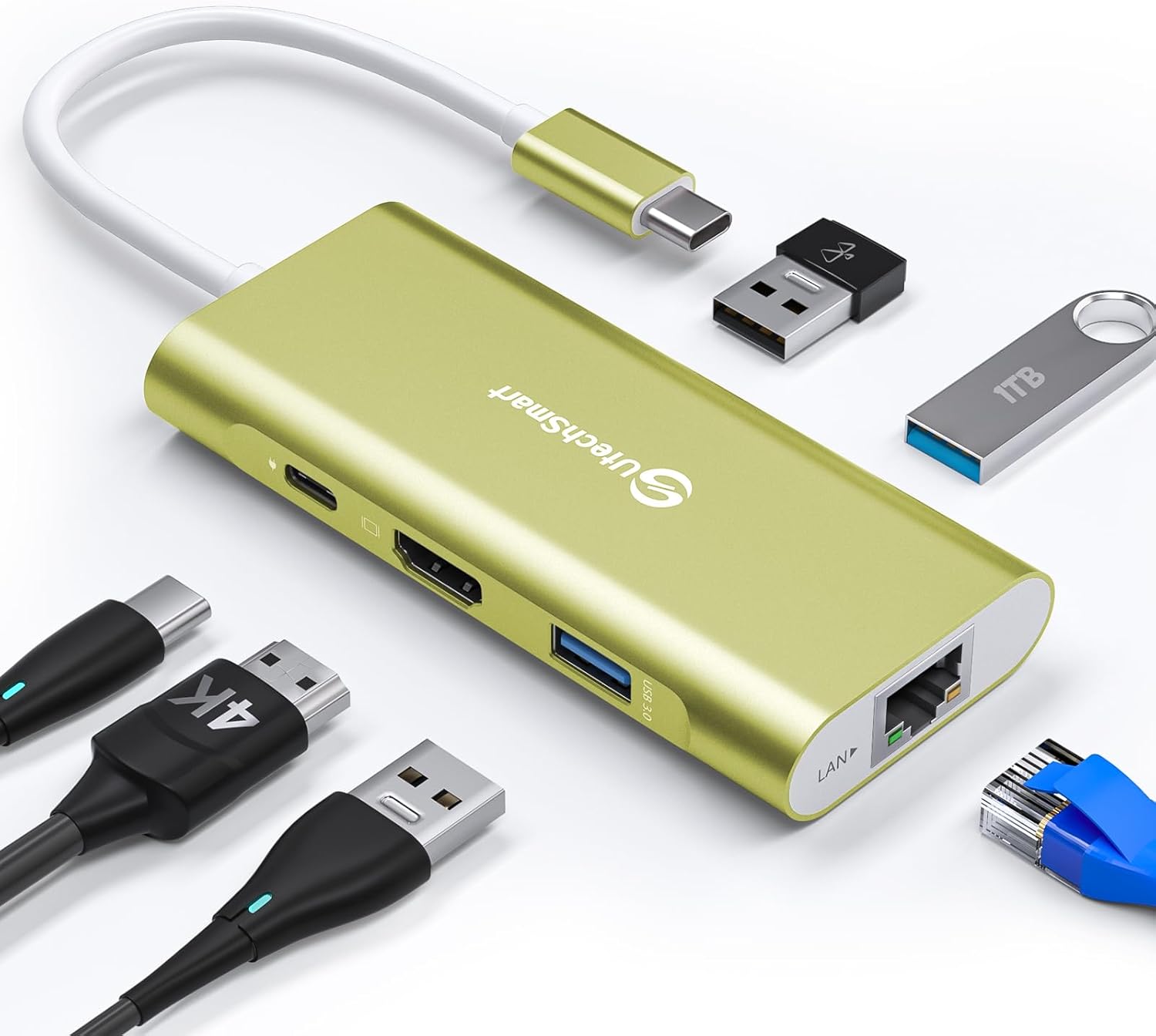 UtechSmart USB C Hub, USB C Ethernet Multiport Adapter, 6 in 1 USB C to HDMI Dock Compatible for MacBook Pro/Air, Chromebook, Dell XPS, HP (Gigabit Ethernet 100W PD 4K HDMI USB 3.0)(Gold), UCN3273