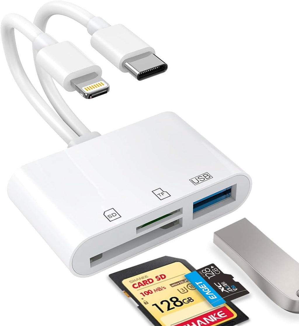 SD Card Reader for iPhone, iPad, USB C and Lightning Dual Port SD Card Adapter, Memory Card Reader for Camera Adapter, Support SD, Micro SD, USB 3.0, No App Driver Required