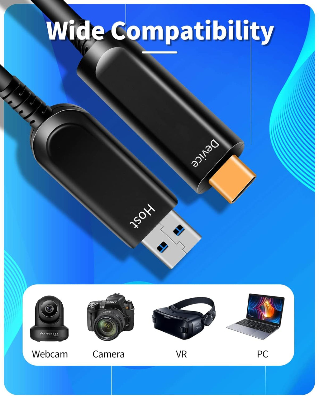 Fiber Optic USB A to USB C Cable(33ft),High Speed 10Gbps USB 3.2 Gen2 Active Optical Cable for VR, Webcam, Laptop,Camera,Projector etc,Grey