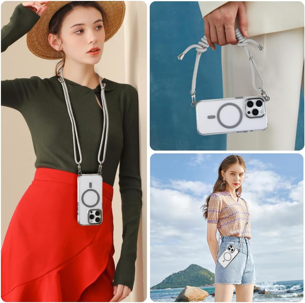 for iPhone 16 Pro Case with 62.99 inch Lanyard, Classic Clear&Gray Magnetic Phone Case, Drop&Shockproof Protection Cases, Phone Lanyard for Around The Neck, Compatible with Magnet Accessory