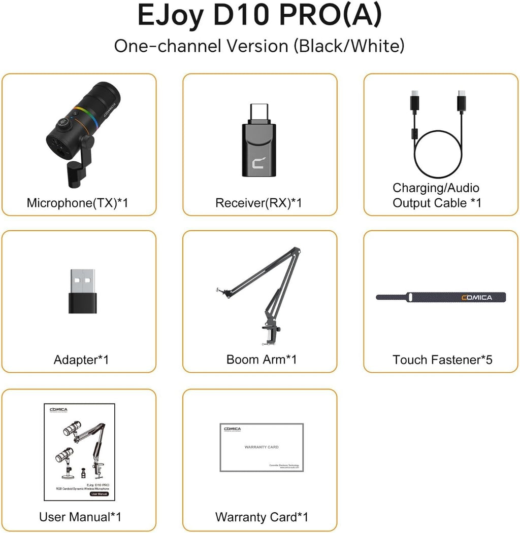 COMICA D10 Pro A Wireless/XLR/USB Dynamic Microphone with Receiver Boom Arm Stand- Dual Channel Cardioid Mic, 45H Battery, RGB Lights, CalMix Denoise for Gaming/Streaming/PD(PC, PS4/5, Mac,Phone)Black