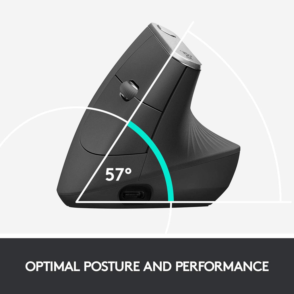 Logitech MX Vertical Wireless Mouse – Ergonomic Design Reduces Muscle Strain, Move Content Between 3 Windows and Apple Computers, Rechargeable, Graphite