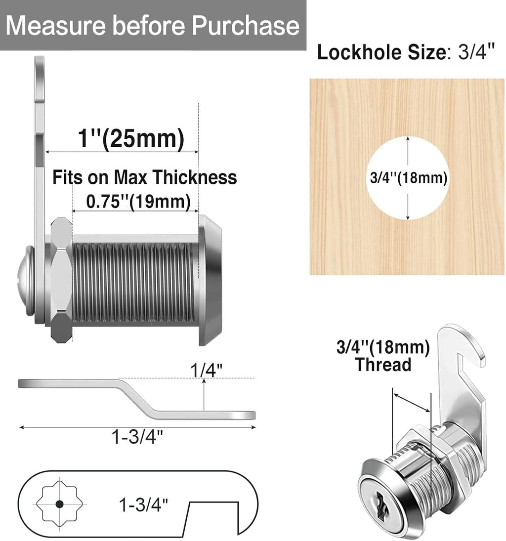 Cabinet Cam Locks Keyed Alike, 1'' Fits on 3/4'' Max Door Thickness, Secure File Drawer Mailbox RV Storage Replacement Set, Zinc Alloy (1 Inch 2Pcs)