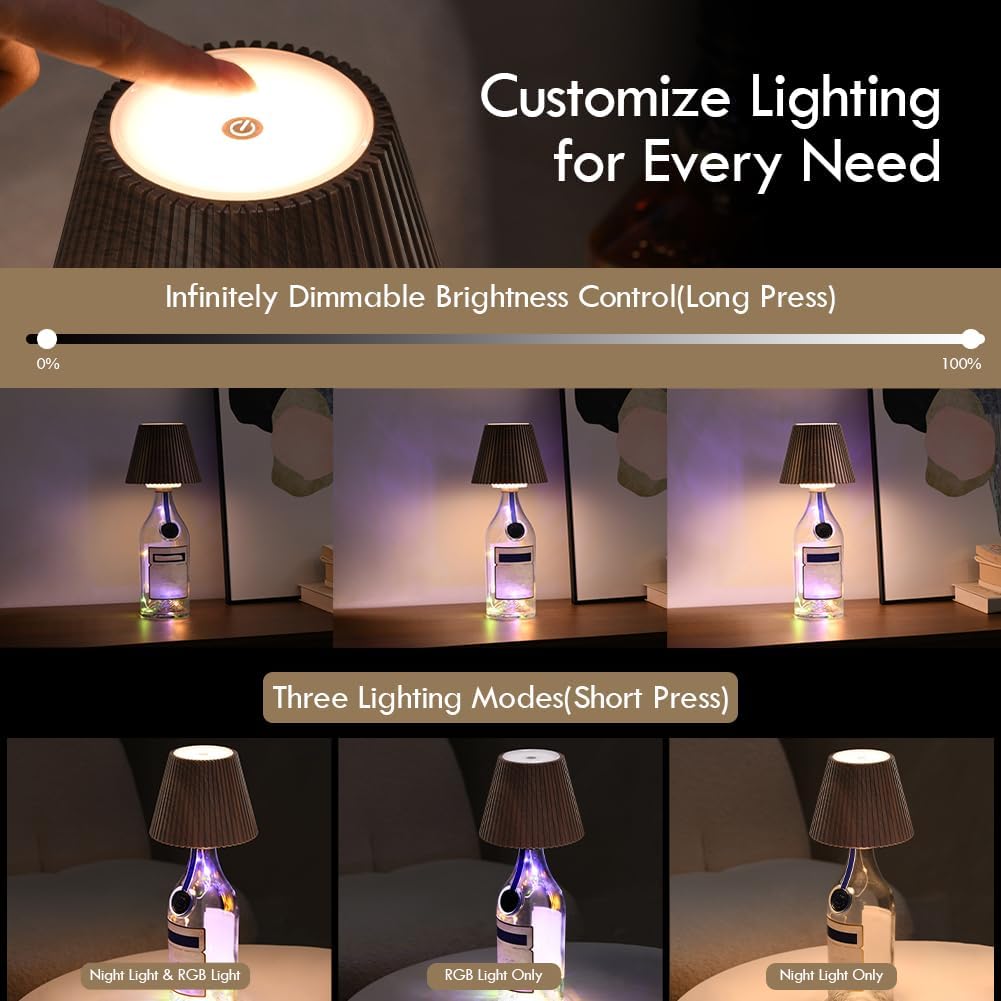 WILIT Wireless Bottle Lamp for Bar Decor, 3-Level Brightness Lampshades for Table Lamps, RGB Lamp for Bedroom, Table Decor for Living Room lamp, Cute Night Light for Women Gifts
