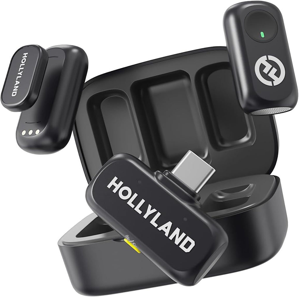 Hollyland LARK A1 Wireless Microphone for iPhone 15/16 & Android, 48kHz/24-bit, 3-Level Intelligent Noise Cancel, Mini Microphone for YouTube, Podcast, Vlogging (Black, 2TX + USB-C RX + Charging Case)